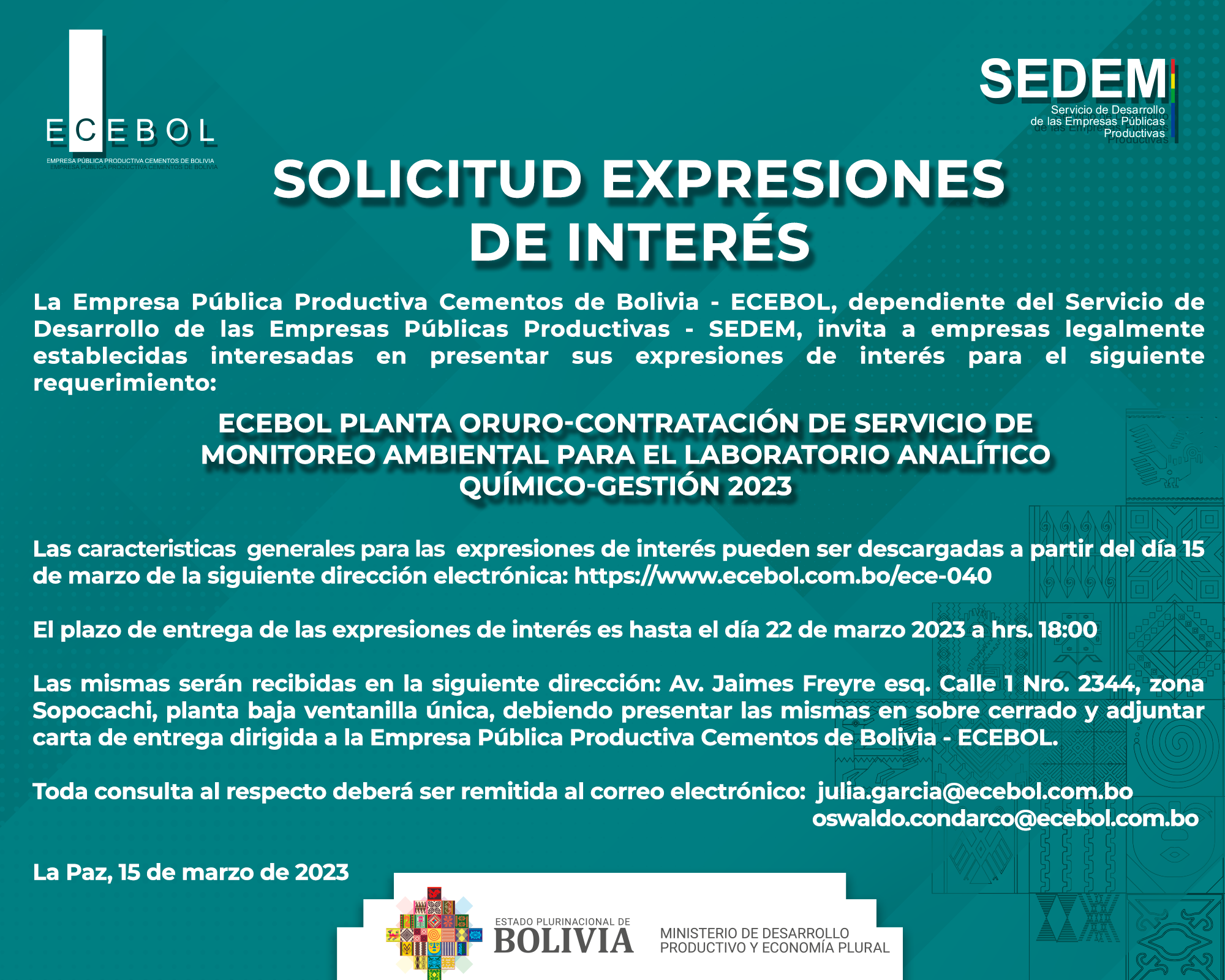 Lee más sobre el artículo ECEBOL PLANTA ORURO-CONTRATACIÓN DE SERVICIO DE MONITOREO AMBIENTAL PARA EL LABORATORIO ANALÍTICO QUÍMICO-GESTIÓN 2023