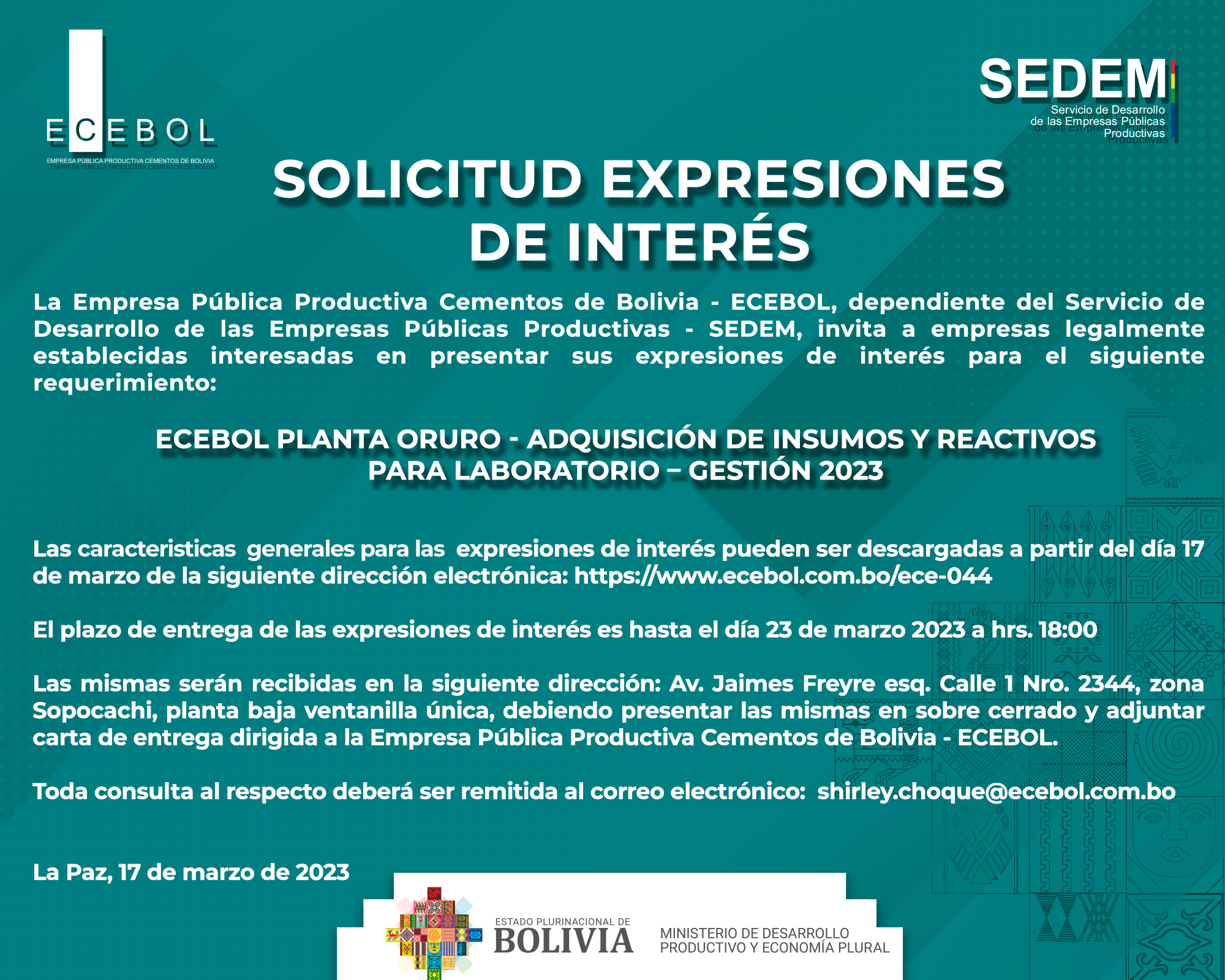 Lee más sobre el artículo ECEBOL PLANTA ORURO – ADQUISICIÓN DE INSUMOS Y REACTIVOS PARA LABORATORIO – GESTIÓN 2023