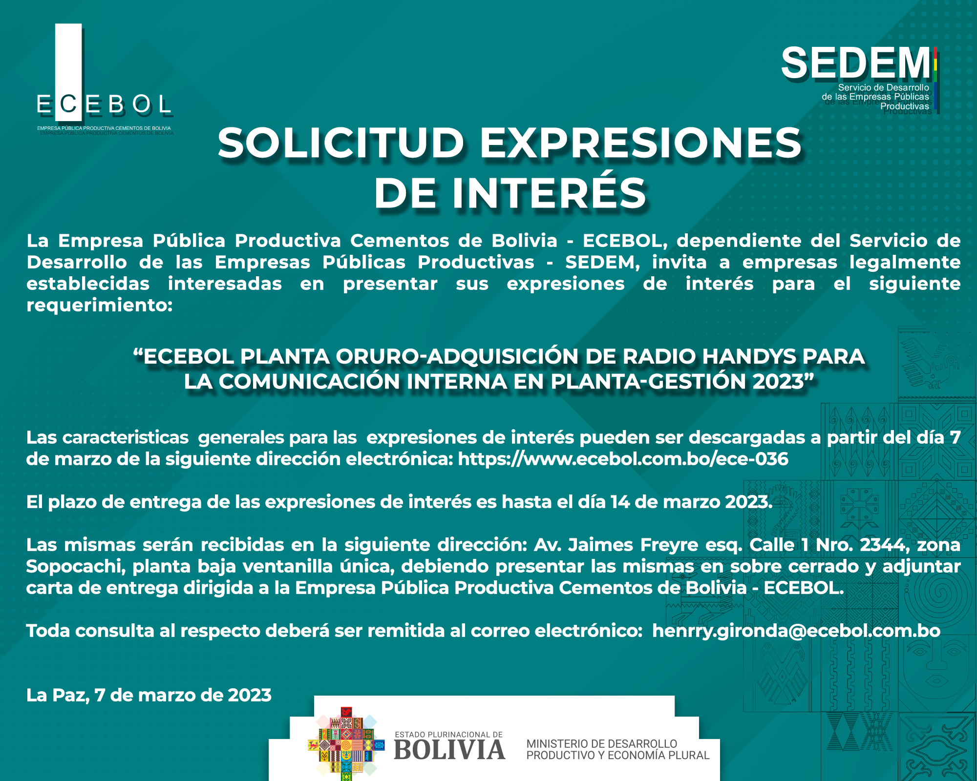 Lee más sobre el artículo ECEBOL PLANTA ORURO-ADQUISICIÓN DE RADIO HANDYS PARA LA COMUNICACIÓN INTERNA EN PLANTA-GESTIÓN 2023