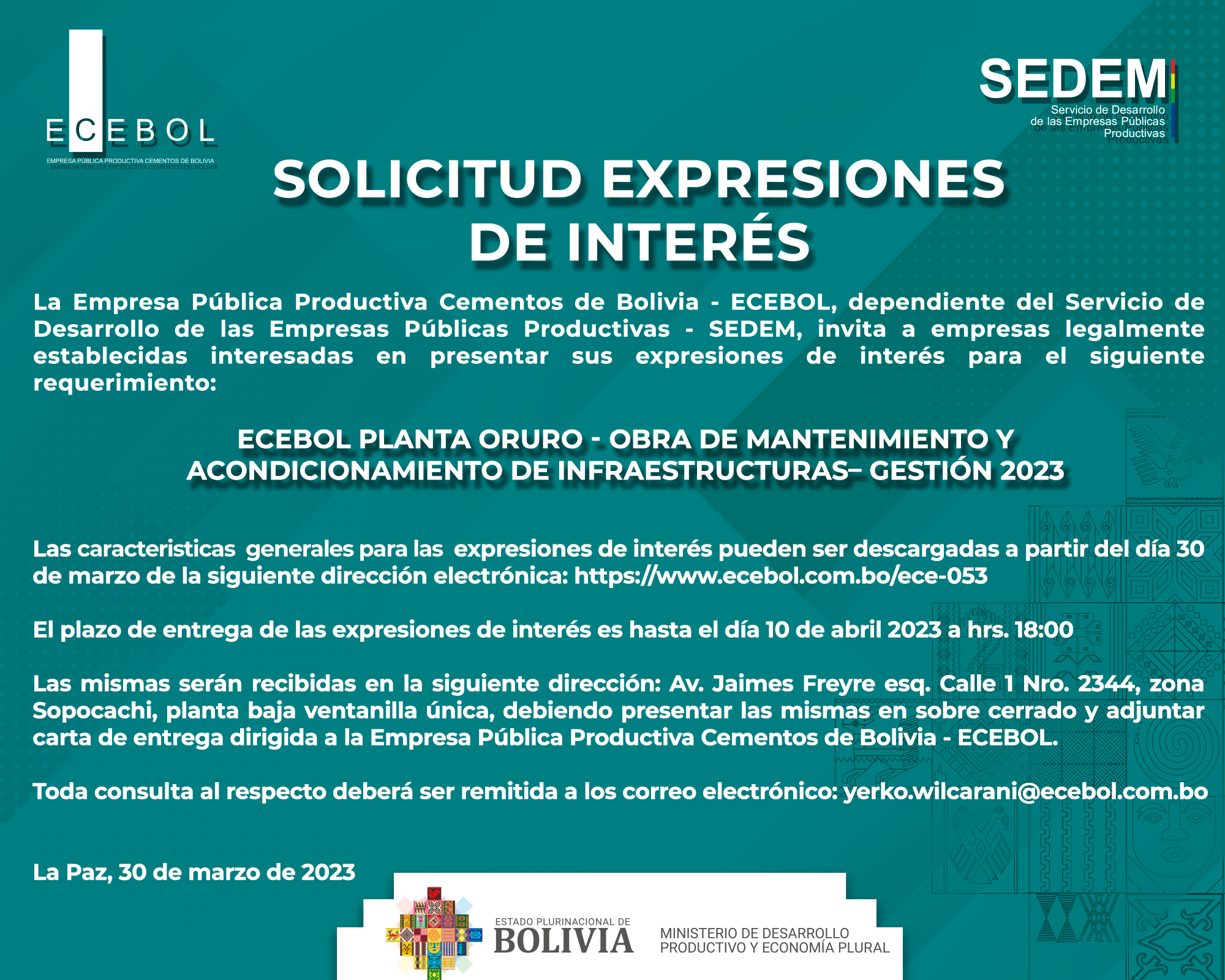 Lee más sobre el artículo ECEBOL PLANTA ORURO – OBRA DE MANTENIMIENTO Y ACONDICIONAMIENTO DE INFRAESTRUCTURAS– GESTIÓN 2023