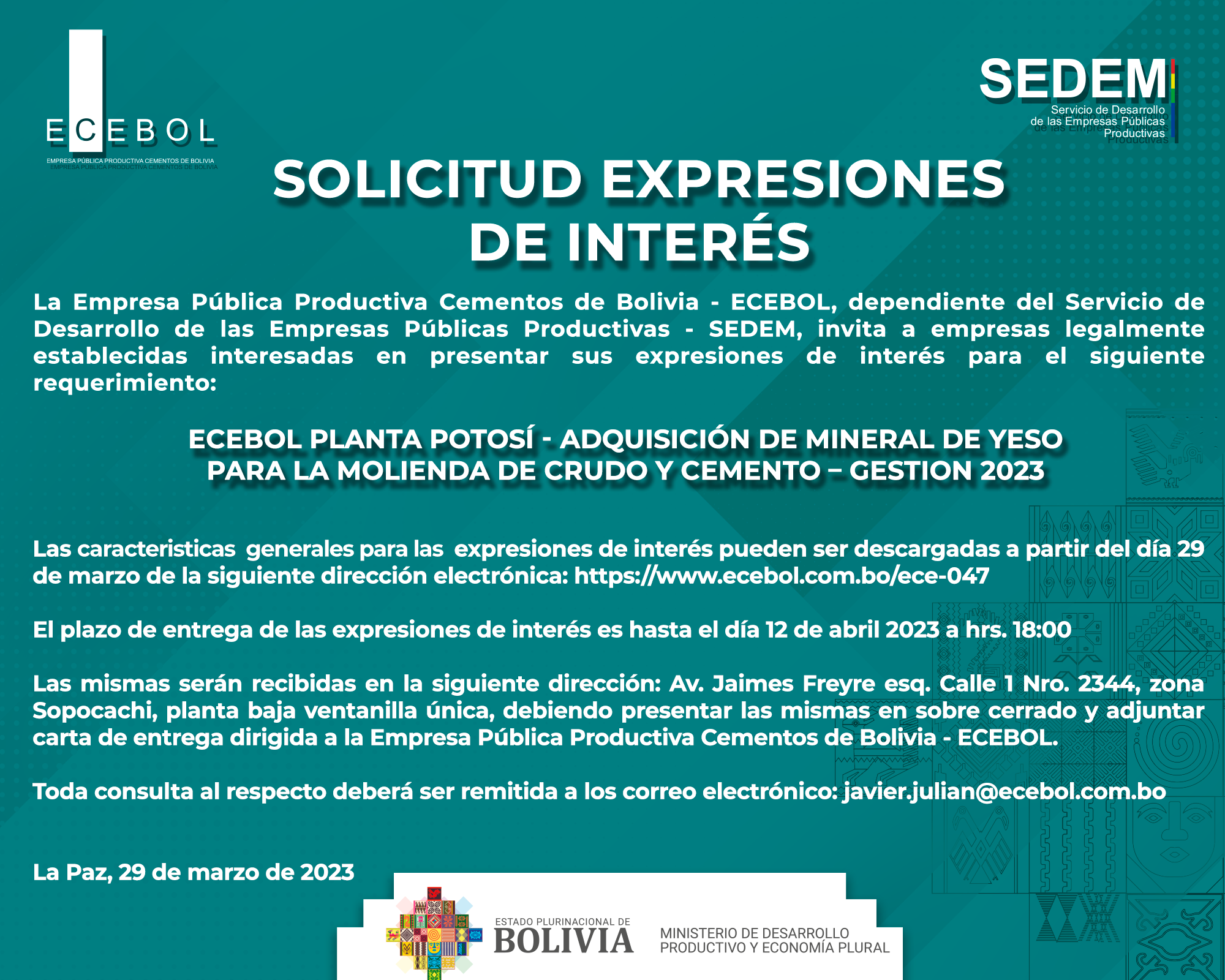 Lee más sobre el artículo ECEBOL PLANTA POTOSÍ – ADQUISICIÓN DE MINERAL DE YESO PARA LA MOLIENDA DE CRUDO Y CEMENTO – GESTION 2023