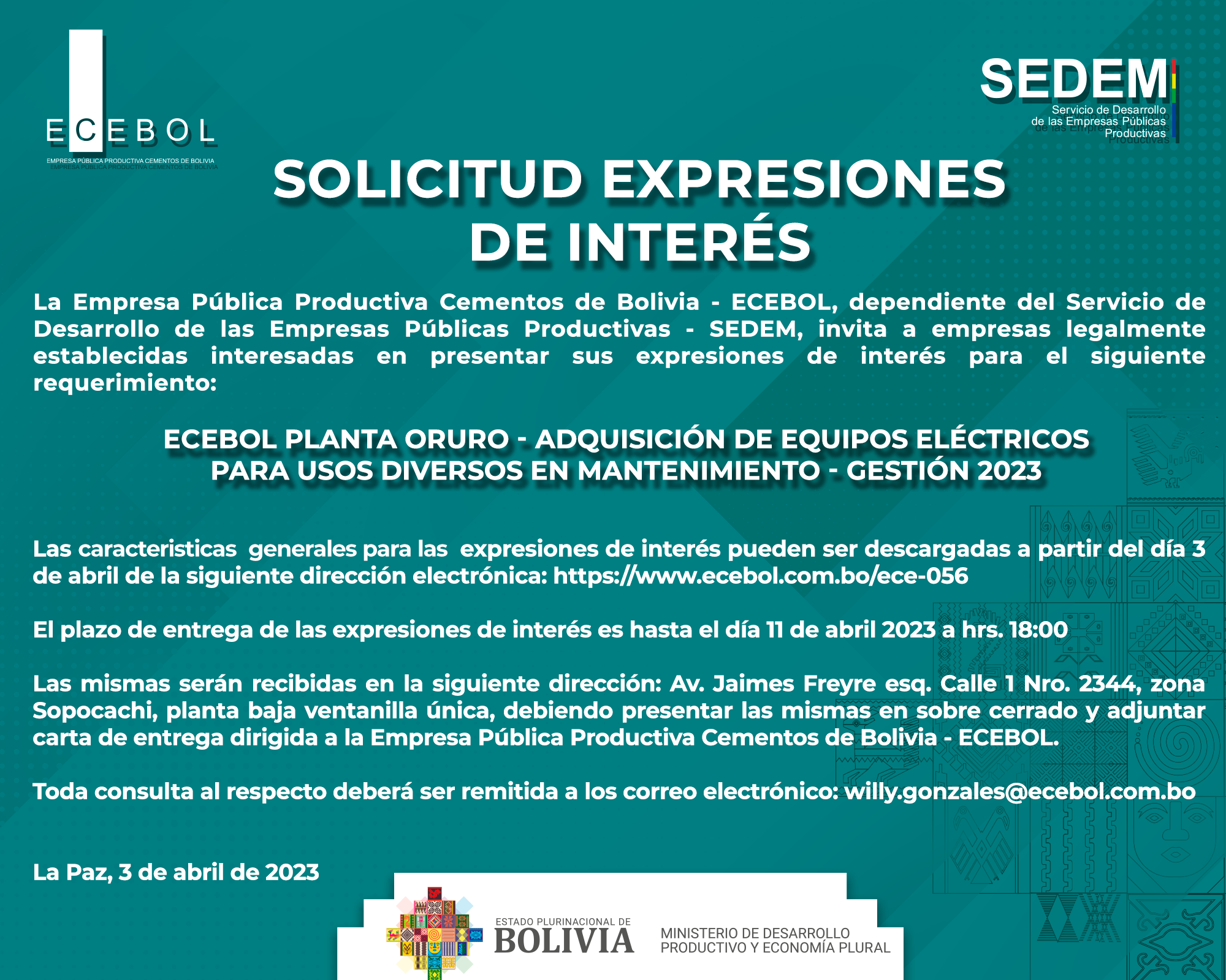 Lee más sobre el artículo ECEBOL PLANTA ORURO – ADQUISICIÓN DE EQUIPOS ELÉCTRICOS PARA USOS DIVERSOS EN MANTENIMIENTO – GESTIÓN 2023