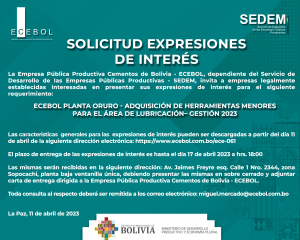 Lee más sobre el artículo ECEBOL PLANTA ORURO – ADQUISICIÓN DE HERRAMIENTAS MENORES PARA EL ÁREA DE LUBRICACIÓN– GESTIÓN 2023