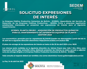 Lee más sobre el artículo ECEBOL PLANTA ORURO – ADQUISICIÓN DE PRODUCTOS QUÍMICOS PARA EL MANTENIMIENTO DE DIFERENTES EQUIPOS DE PLANTA – GESTIÓN 2023