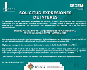 Lee más sobre el artículo ECEBOL PLANTA ORURO – ADQUISICIÓN DE REPUESTOS PARA EQUIPOS CLAUDIUS PETER – GESTIÓN 2023