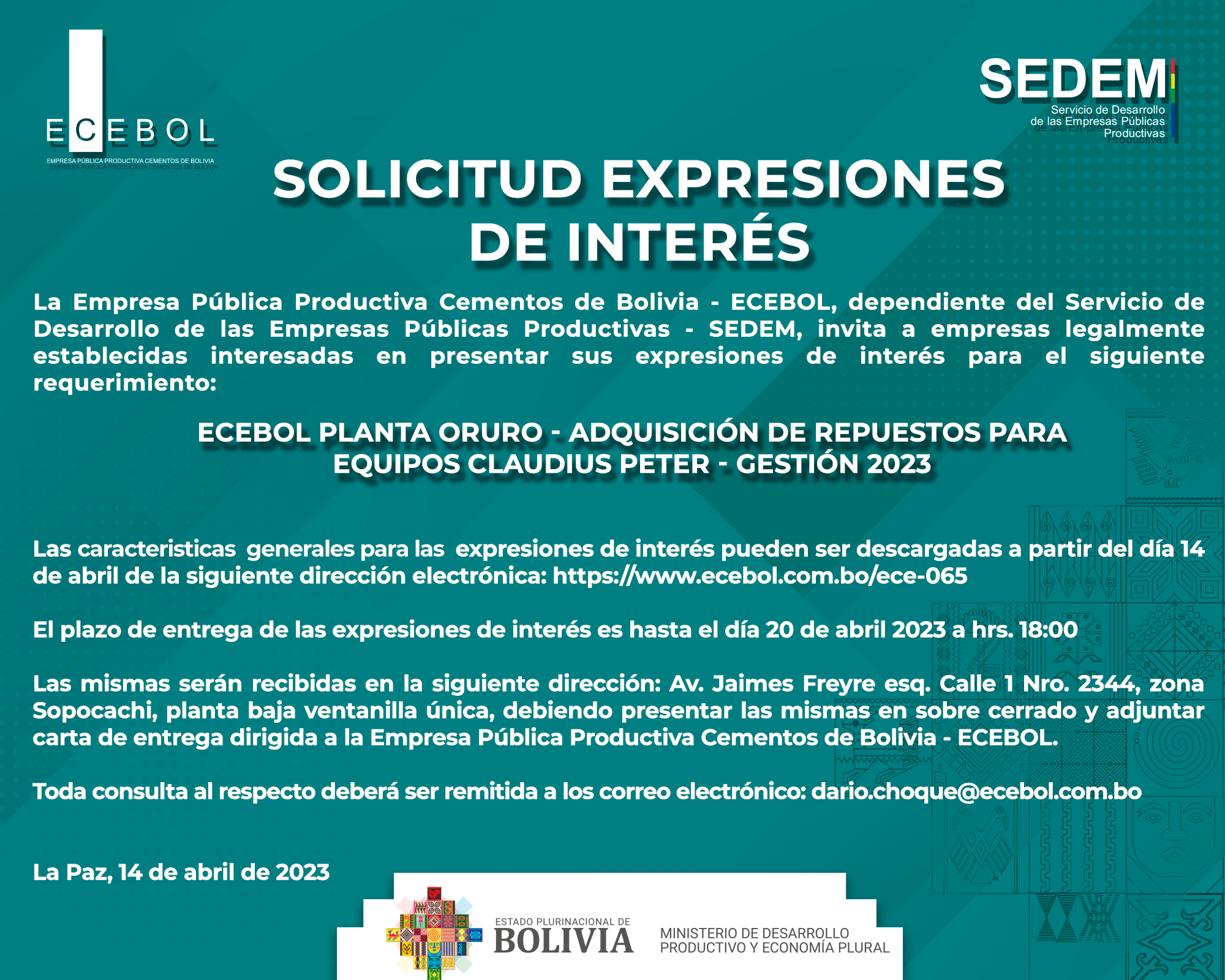 ECEBOL PLANTA ORURO – ADQUISICIÓN DE REPUESTOS PARA EQUIPOS CLAUDIUS PETER – GESTIÓN 2023