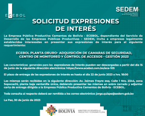 Lee más sobre el artículo ECEBOL PLANTA ORURO- ADQUISICIÓN DE CAMARAS DE SEGURIDAD, CENTRO DE MONITOREO Y CONTROL DE ACCESOS – GESTIÓN 2023