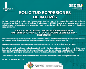 Lee más sobre el artículo ECEBOL PLANTA ORURO – CONTRATACIÓN DE SERVICIO DE MANTENIMIENTO PARA EL SISTEMA DE DUCHAS DE EMERGENCIA – GESTIÓN 2023