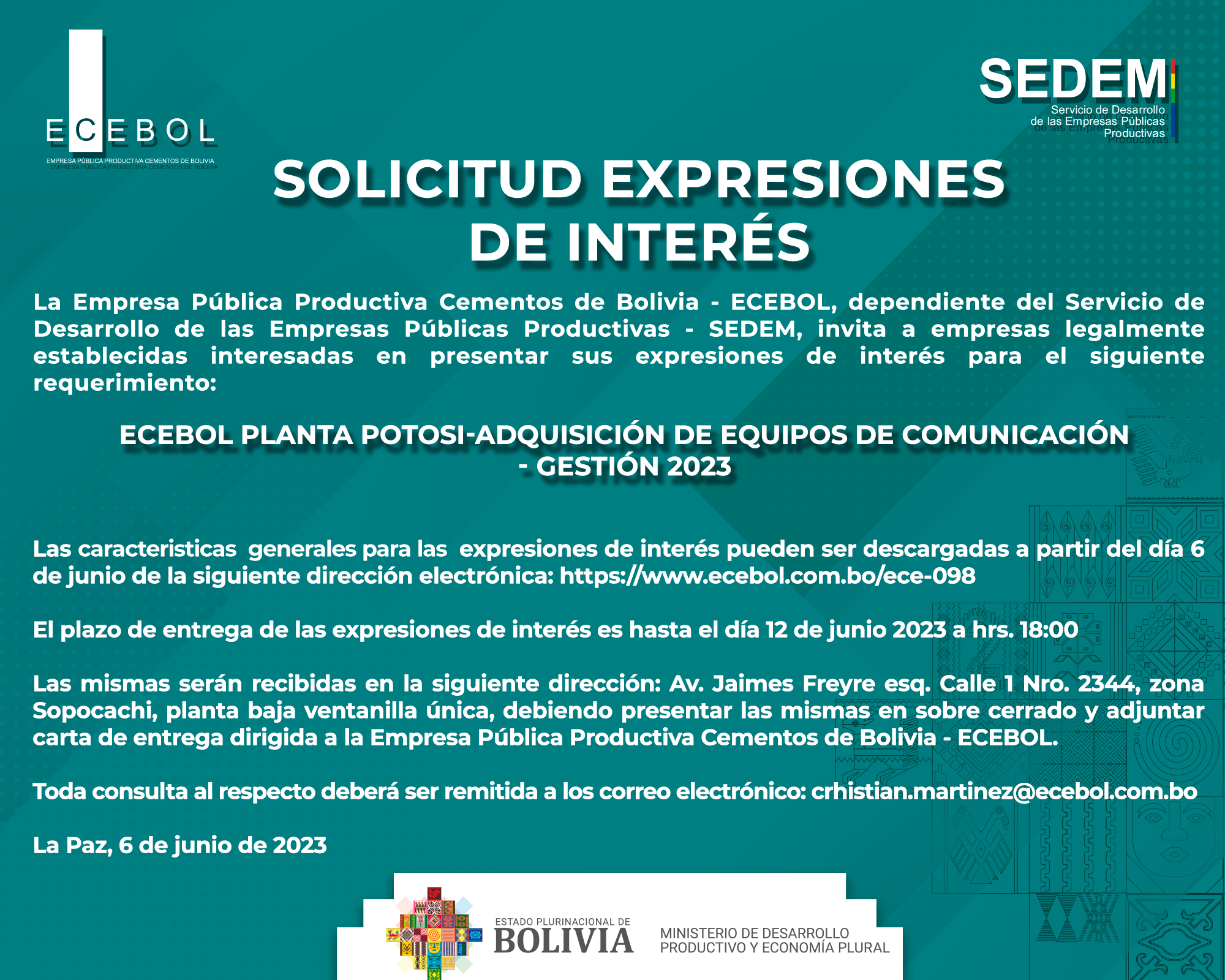 ECEBOL PLANTA POTOSI-ADQUISICIÓN DE EQUIPOS DE COMUNICACIÓN – GESTIÓN 2023